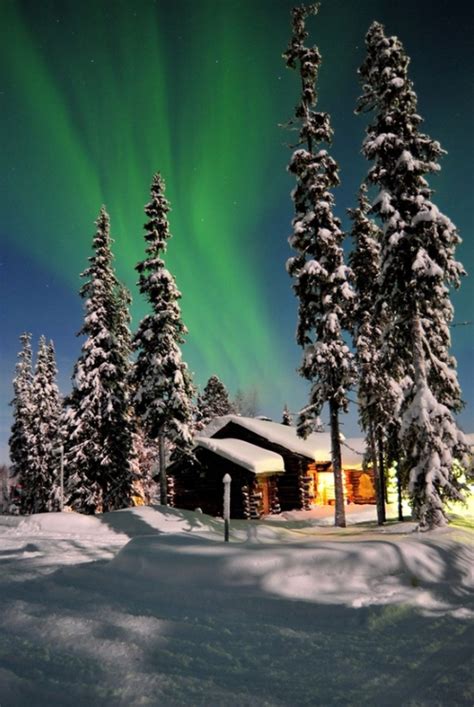 Winter Cottage And Northern Lights Winter Scenes Scenery