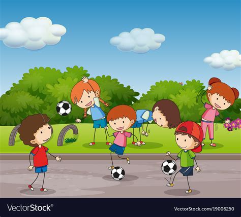 Many Kids Playing Football In The Garden Vector Image