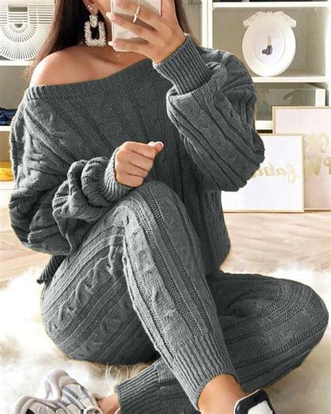 Solid Ribbed Knitting Casual Sweater Pants Sets Top Pants Set