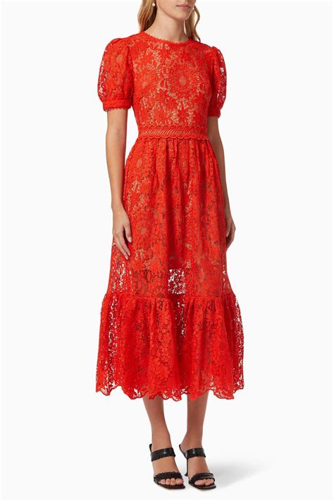 Shop Self Portrait Red Midi Dress In Guipure Lace For Women Ounass Uae