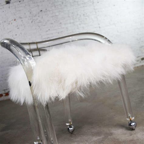 32w x 18.10d x 30.90h. Hollywood Regency Lucite Vanity Stool White Faux Fur Style Charles Hollis Jones at 1stdibs