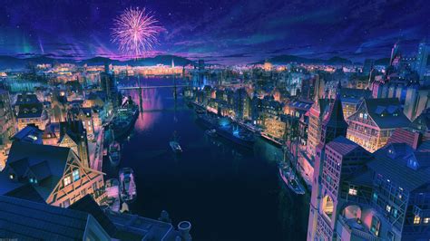 Anime City Night Fireworks Scenery 4k 182 Wallpaper Pc Desktop