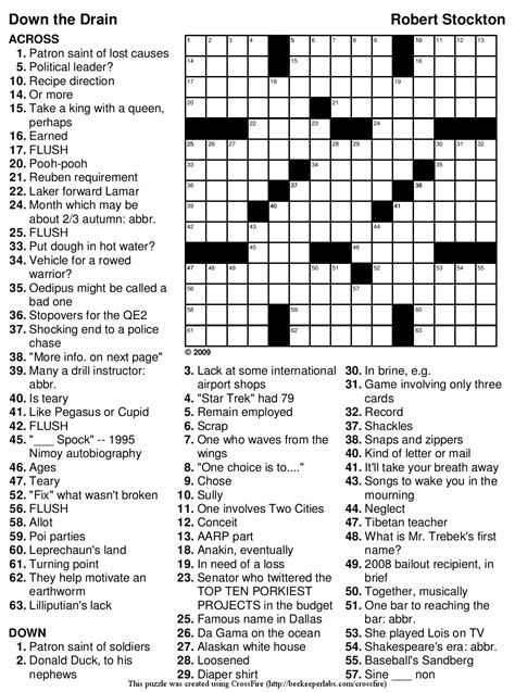 Free crossword puzzles medium difficulty. Beekeeper Crosswords » Blog Archive » Crossword #98: "Down the Drain"