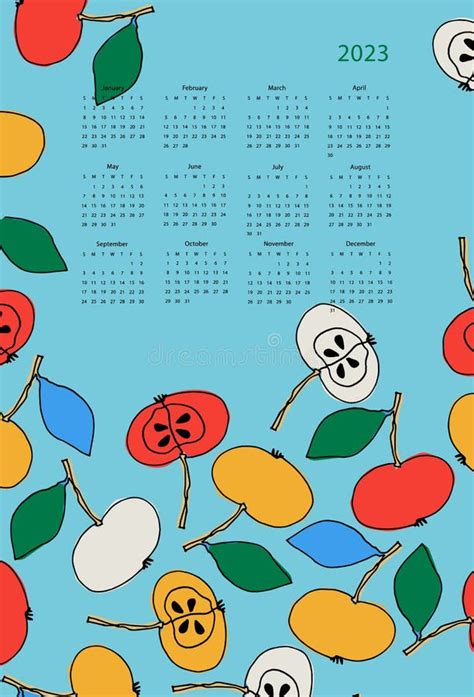 Calendar 2023 With Hand Drawn Apples On Blue Background Stock