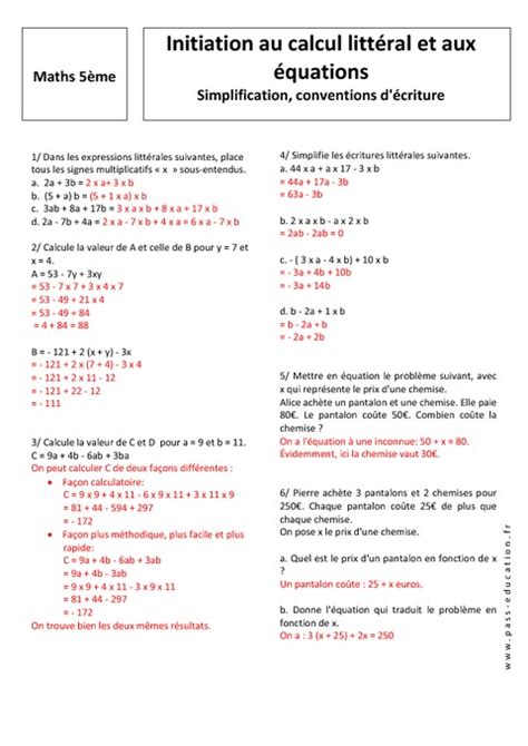 Simplification Calcul Littéral Equations 5ème Exercices