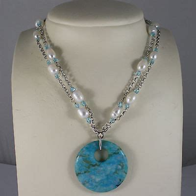 925 RHODIUM NECKLACE WITH BLUE CRYSTALS WHITE PEARLS AND TURQUOISE
