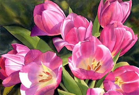 Pink Tulips Frühlingsboten Watercolor Painting Oil