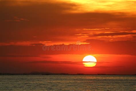 Sunset On Red Yellow Sky Back Soft Evening Cloud Over Horizon Sea Stock