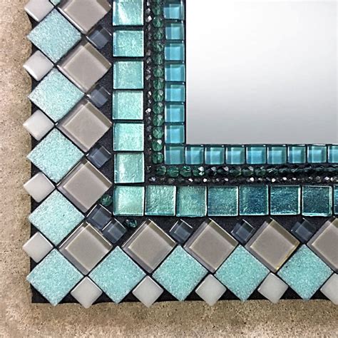 Rectangular Mosaic Mirror In Aqua And Gray Green Street Mosaics