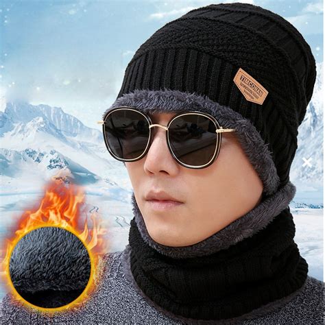 Ski Set Men Hat Windproof Winter Outdoor Knitted Thermal Thick Snow