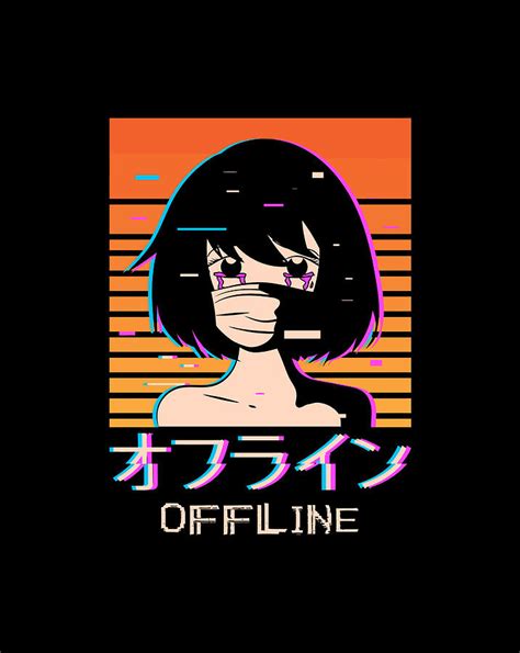 Sad Anime Girl Offline Japanese Text Vaporwave Aesthetic Digital Art By