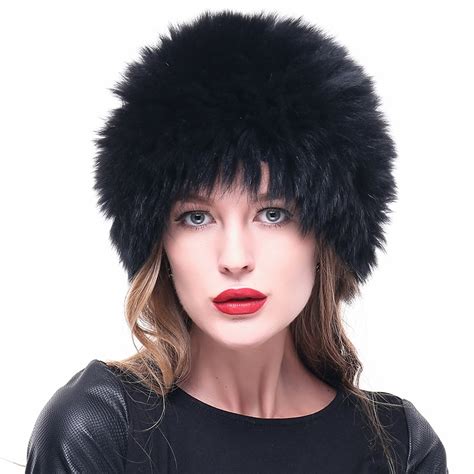 Linlaixueda Women Black Fox Fur Hat Winter Caps Fluffy Women Genuine