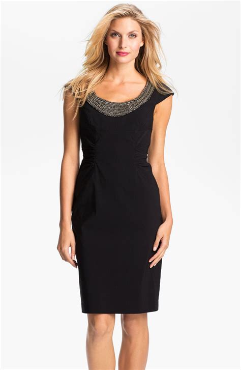 Adrianna Papell Black Beaded Neck Ruched Sheath Dress Dresses Bright