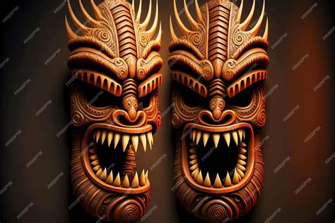 Premium Photo Ancient Wooden Tiki Mask With Teeth Of Exotic Tribes