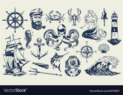 vintage monochrome nautical elements set vector image