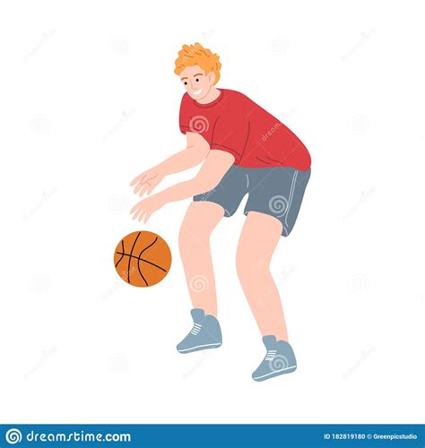 Male Basketball Player In A Red T Shirt Dribbling The Ball By Hand