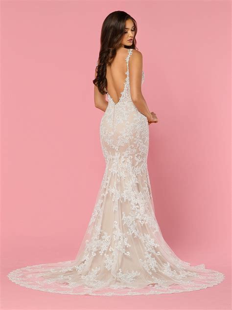 Davinci Bridal 50449 Long Fitted Lace Mermaid Wedding Dress V Neck Open V Back Train In 2021