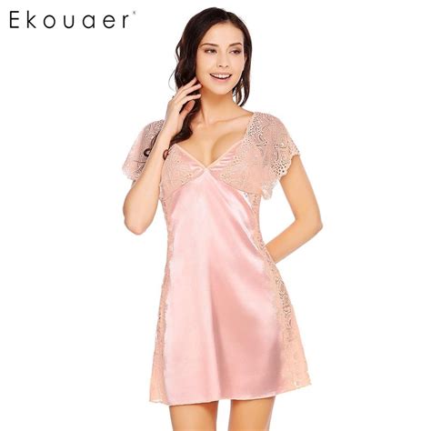 Ekouaer Elegant Lace Nightgown Women Sexy Patchwork Spaghetti Strap