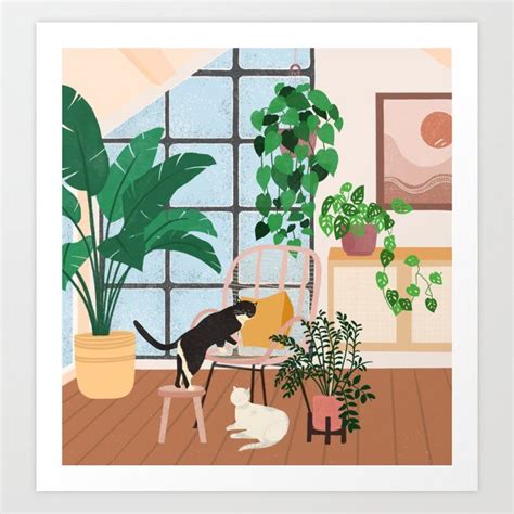 Buy Cats In The Plant Room Art Print By Papershaper Worldwide Shipping