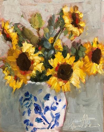 A Painting Of Sunflowers In A Blue And White Vase