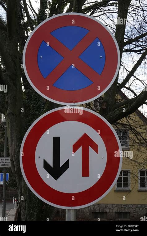 Red And Blue German Traffic Sign 283 No Stopping On Top Of Red White