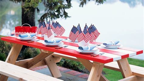 Memorial Day Painted Picnic Tables Displaying The American Flag