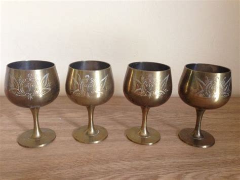 Set Of Four Solid Brass Engraved Goblets Made In India Etsy Solid