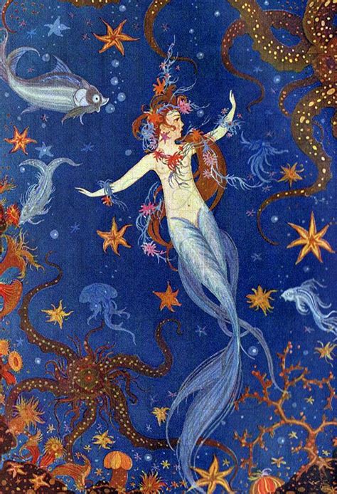 Unusual Little Mermaid Digital Vintage Fairy Tale Illustration