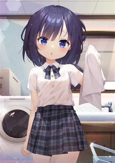 Safebooru 1girl O Bangs Bathroom Black Skirt Blue Eyes Blue Hair Blush Bow Bowtie Breasts