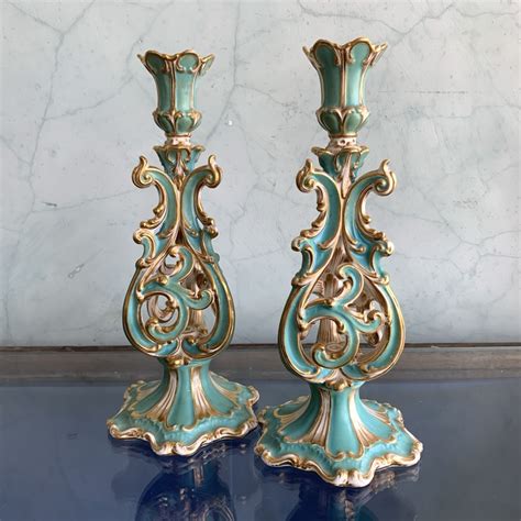 Pair Of Elaborate Rococo Candlesticks Turquoise And Gold Attr Minton C