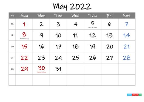 Editable May 2022 Calendar With Holidays Template Ink22m5