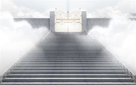 Pearly Gates Of Heaven Surrounded By Clouds And The Staircase Leading