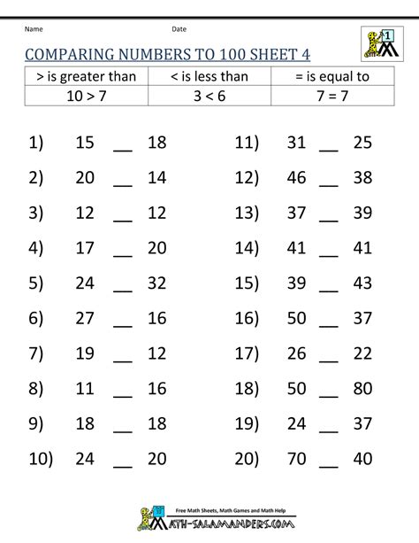 Compare Numbers Up To 100 2nd Grade Worksheet