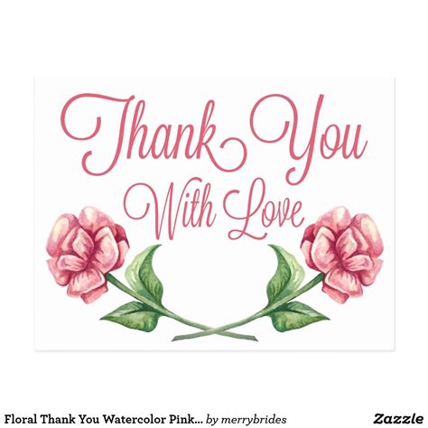 Floral Thank You Watercolor Pink Rose Flower Postcard