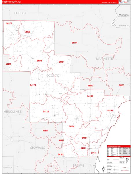Oconto County Wi Zip Code Wall Map Red Line Style By Marketmaps Mapsales