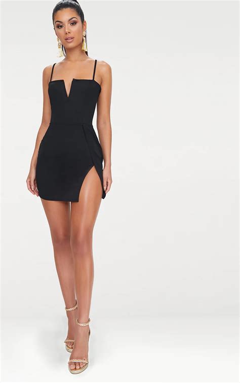 Black Extreme Thigh Split Panelled Plunge Bodycon Dress Plunge Bodycon Dress Fashion Fashion