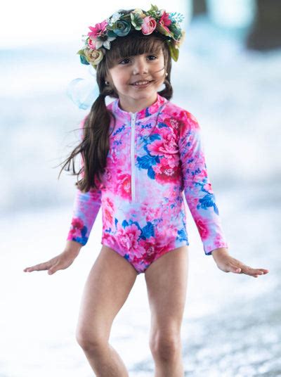 Kids Swimsuits Girls Flower Zipper Rash Guard One Piece Swimsuit