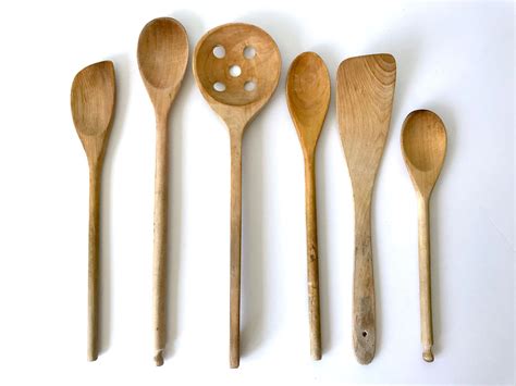 Mixed Utensil Set Antique Wood Kitchen Spoon Set Of 6 Etsy Wood