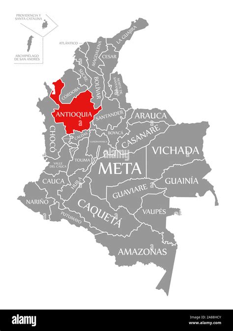 Antioquia Resaltada En Rojo En El Mapa De Colombia Fotografía De Stock