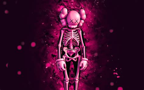 Download Wallpapers Pink Kaws Skeleton 4k Purple Neon Lights
