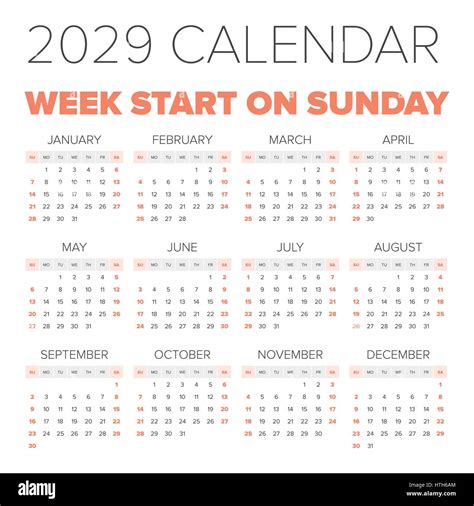 Simple 2029 Year Calendar Week Starts On Monday Stock Vector Image
