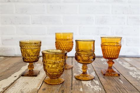 Vintage Pressed Glass Goblets Amber — Curated Event Rentals Styling Vintage Pressed Glass