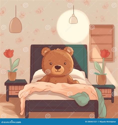 Cute Teddy Bear In The Bedroom Cartoon Illustration Simple 2d Digital