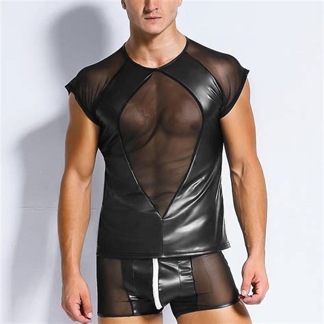 Aliexpress Com Buy Wetlook Leather Mens T Shirt Tshirts Sexy Men See
