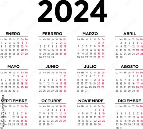 Calendario 2024 español Semana comienza el lunes vector de Stock