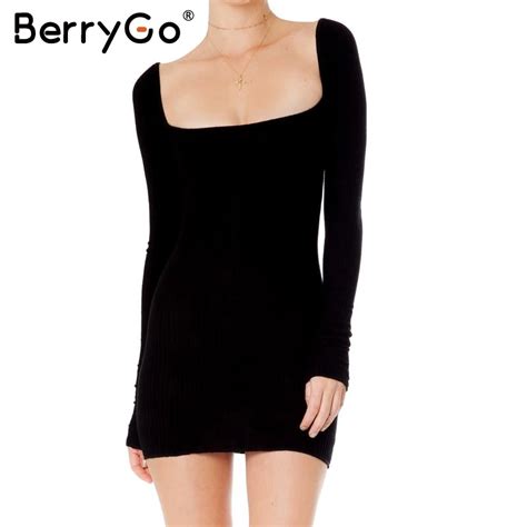 berrygo solid square neck knit bodycon dress sexy stretchy black mini dress women skinny long