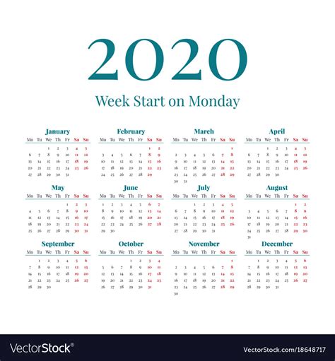 Simple 2020 Year Calendar Royalty Free Vector Image