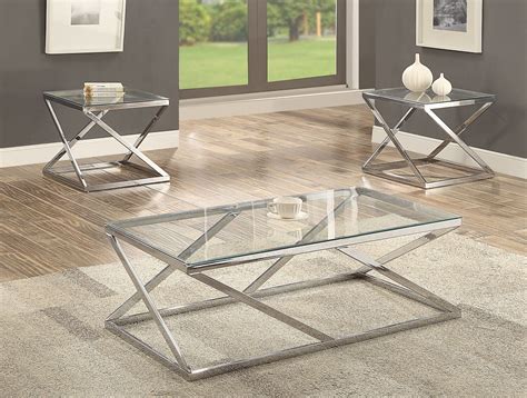 Silver And Glass Coffee Table Set A Modern Design With A Silver Finish And Glass Surface Make