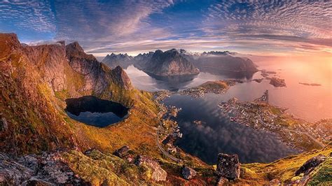 Reinebringen Panorama Mountains Landscapes Nature Norway Hd