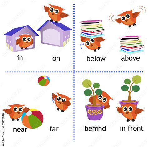 Vetor De Preposition English Grammar With Owl Motion For Preschool